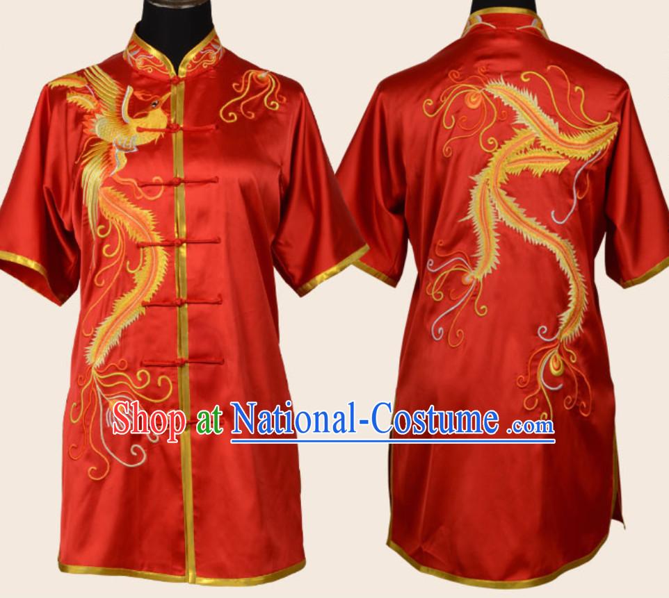 Top Red Chinese Embroidered Phoenix Gong Fu Blouse Pants Outfits Martial Arts Suit Complete Set for Men or Women