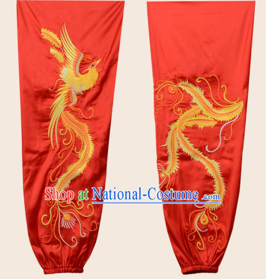 Top Red Chinese Embroidered Phoenix Gong Fu Blouse Pants Outfits Martial Arts Suit Complete Set for Men or Women