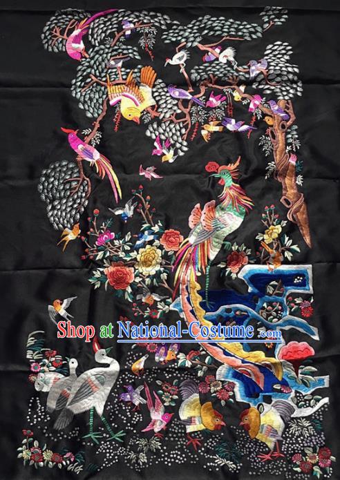 Chinese Traditional Embroidered Phoenix Black Silk Patches Handmade Embroidery Craft Cloth Fabric