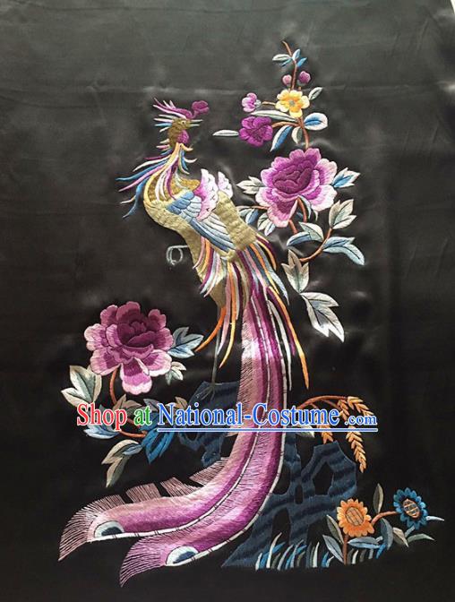 Chinese Traditional Embroidered Phoenix Peony Black Silk Patches Handmade Embroidery Craft Cloth Fabric