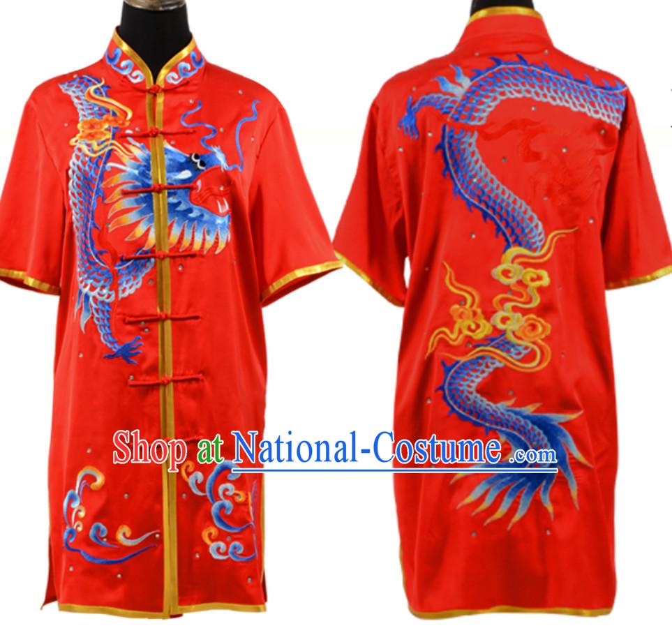 Lucky Red Top Short Sleeves Chinese Embroidered Dragon Tai Chi Outfit Martial Arts Uniforms Complete Set for Men or Women