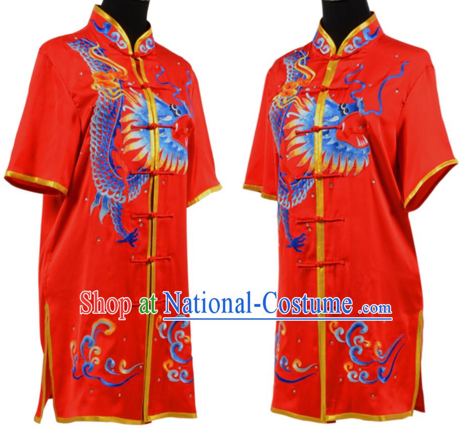 Lucky Red Top Short Sleeves Chinese Embroidered Dragon Tai Chi Outfit Martial Arts Uniforms Complete Set for Men or Women