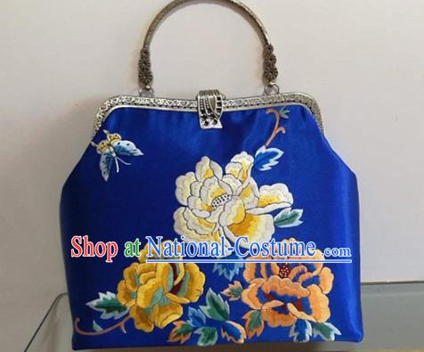 Chinese Traditional Embroidered Peony Blue Handbag Handmade Embroidery Craft