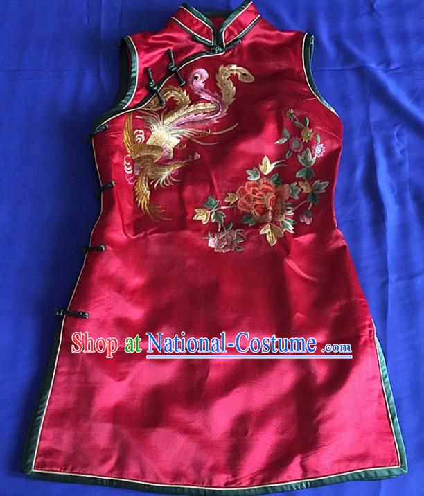 Chinese Traditional Silk Costume Tang Suit Embroidered Phoenix Peony Red Silk Qipao Dress for Women