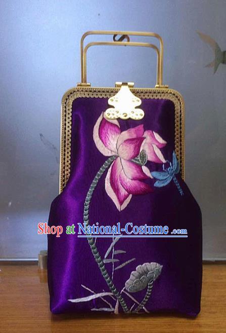 Chinese Traditional Embroidered Lotus Purple Handbag Handmade Embroidery Craft Silk Bags