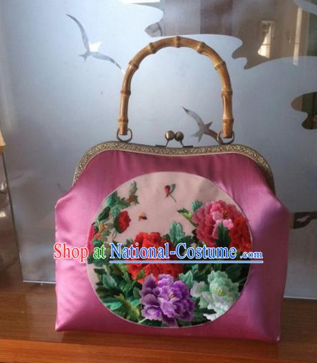 Chinese Traditional Embroidered Peony Pink Handbag Handmade Embroidery Craft Silk Bags