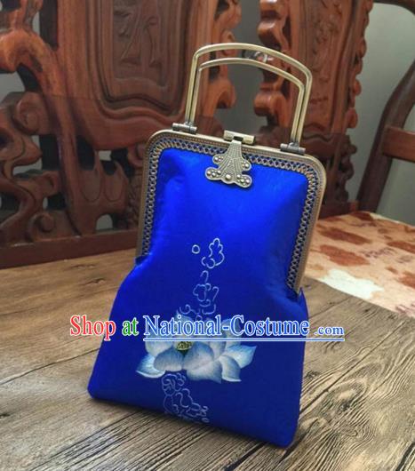 Chinese Traditional Embroidered Lotus Royalblue Handbag Handmade Embroidery Craft Silk Bags