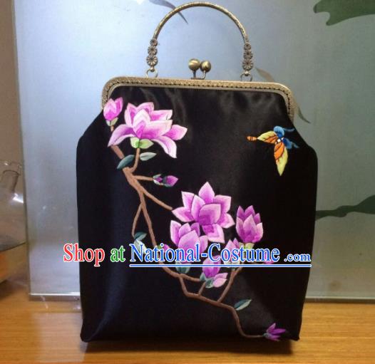 Chinese Traditional Embroidered Magnolia Black Handbag Handmade Embroidery Craft Silk Bags