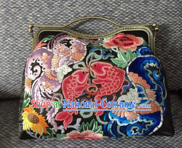 Chinese Traditional Embroidered Fishes Black Handbag Handmade Embroidery Craft Silk Bags