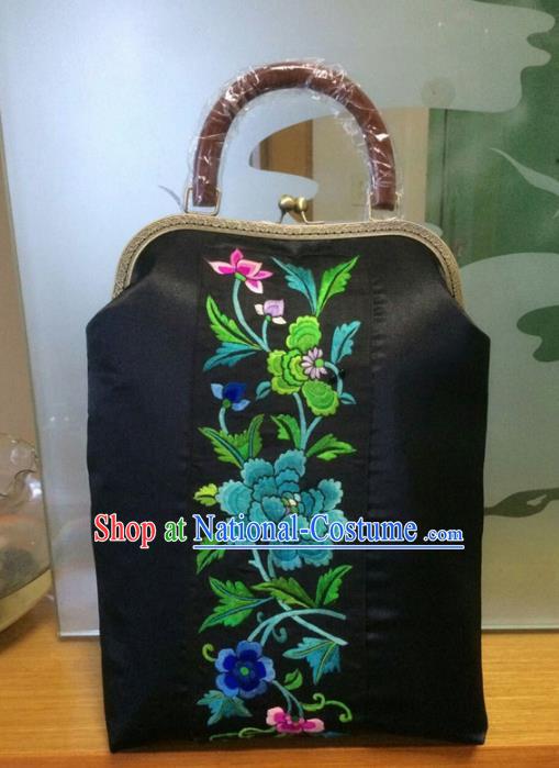 Chinese Traditional Embroidered Peony Black Handbag Handmade Embroidery Craft Silk Bags