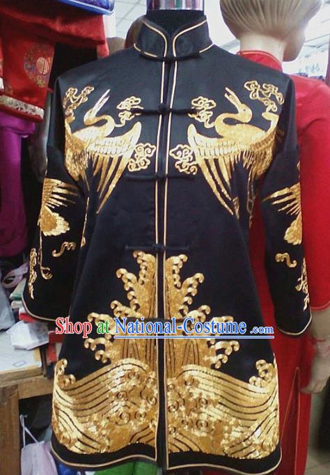 Chinese Traditional Silk Costume Tang Suit Embroidered Crane Black Silk Shirt for Men