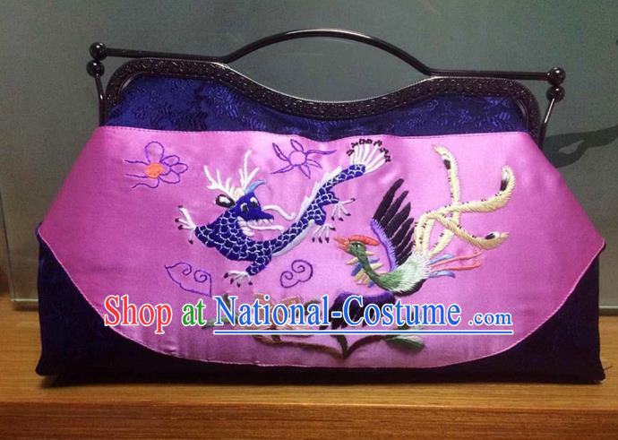 Chinese Traditional Embroidered Dragon Phoenix Pink Handbag Handmade Embroidery Craft Silk Bags