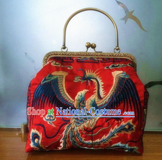 Chinese Traditional Embroidered Phoenix Red Handbag Handmade Embroidery Craft Silk Bags