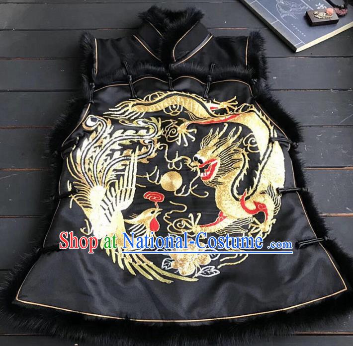 Chinese Traditional Costume Tang Suit Embroidered Dragon Phoenix Black Vest for Women