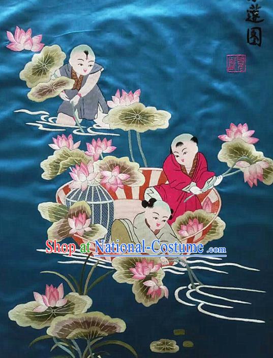 Chinese Traditional Embroidered Lotus Blue Cloth Patches Handmade Embroidery Craft Silk Fabric