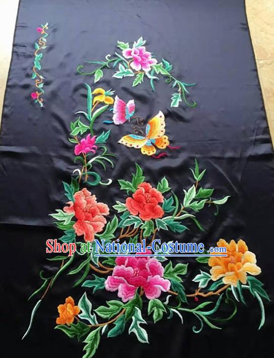 Chinese Traditional Embroidered Black Cloth Patches Handmade Embroidery Butterfly Peony Craft Silk Fabric