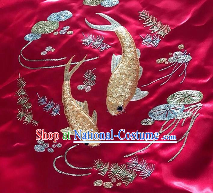 Chinese Traditional Embroidered Golden Fishes Cloth Patches Handmade Embroidery Craft Silk Fabric