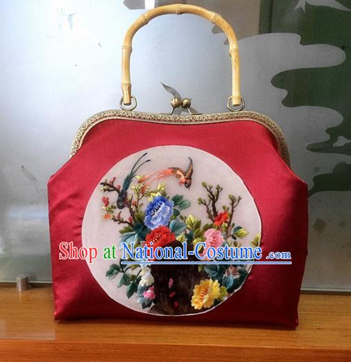 Chinese Traditional Embroidered Peony Red Handbag Handmade Embroidery Craft