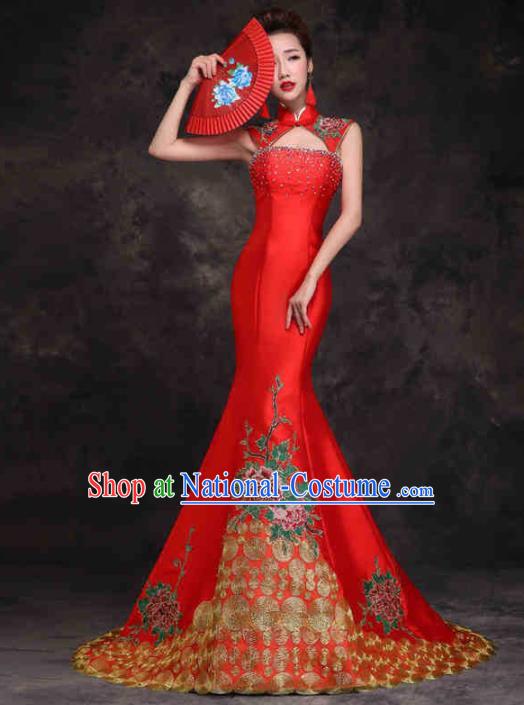 Chinese Traditional Costumes Elegant Embroidered Peony Red Cheongsam Full Dress for Women