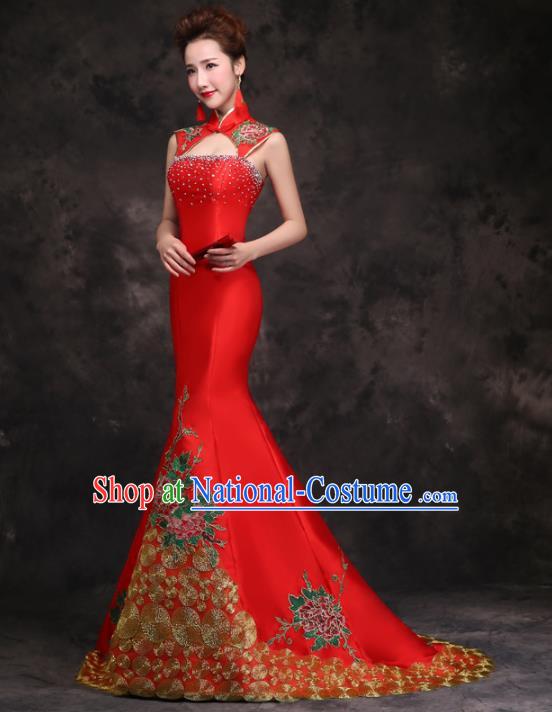 Chinese Traditional Costumes Elegant Embroidered Peony Red Cheongsam Full Dress for Women