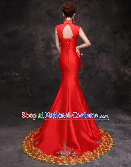 Chinese Traditional Costumes Elegant Embroidered Peony Red Cheongsam Full Dress for Women