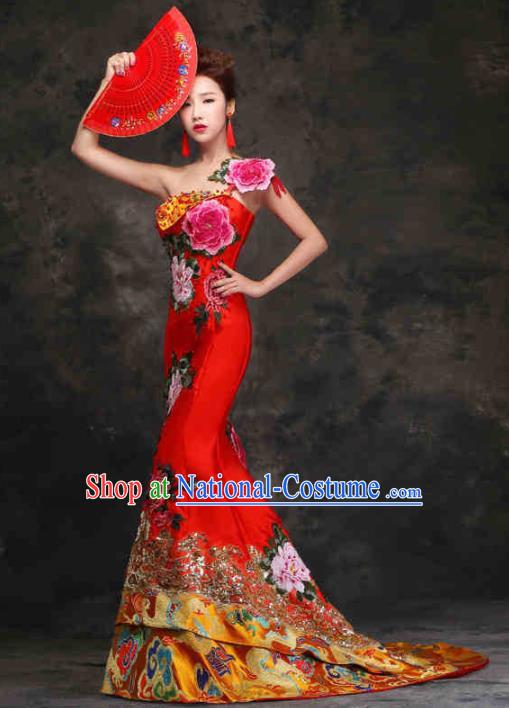 Chinese Traditional Costumes Elegant Embroidered Red Cheongsam Trailing Full Dress for Women