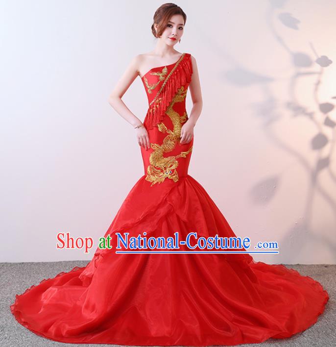 Chinese Traditional Costumes Elegant Red Full Dress Qipao Dress for Women