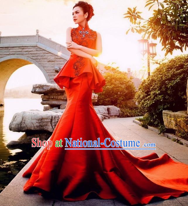 Chinese Traditional Costumes Elegant Red Full Dress Wedding Trailing Qipao Dress for Women