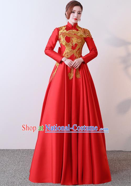 Chinese Traditional Costumes Elegant Red Full Dress Wedding Qipao Dress for Women