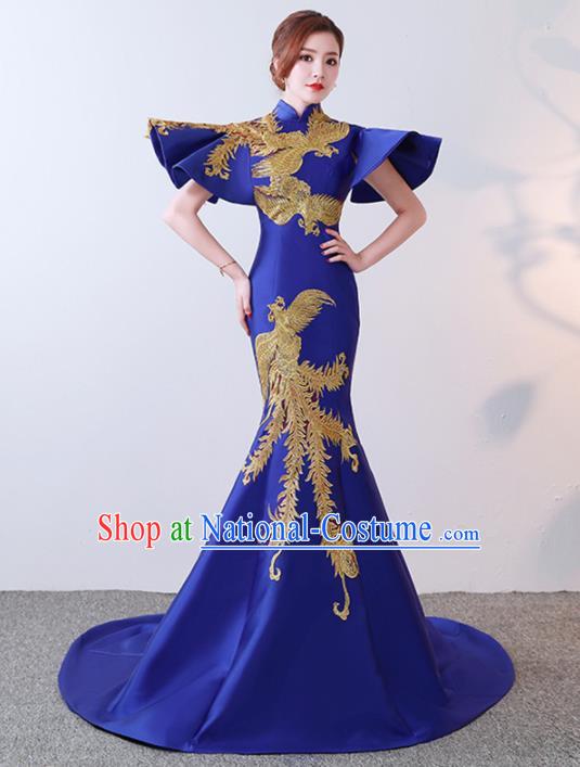 Chinese Traditional Costumes Elegant Royalblue Full Dress Wedding Trailing Qipao Dress for Women