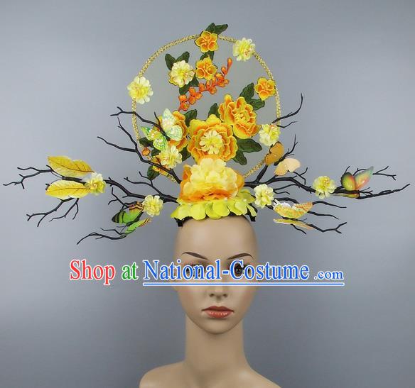 Asian Chinese Traditional Hair Accessories Stage Performance Exaggerated Yellow Peony Headdress for Women