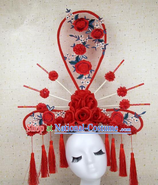 Asian Chinese Traditional Palace Hair Accessories Catwalks Red Peony Exaggerated Headdress for Women