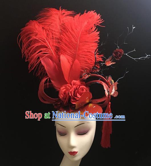 Top Halloween Catwalks Hair Accessories Brazilian Carnival Red Feather Peony Headdress for Women