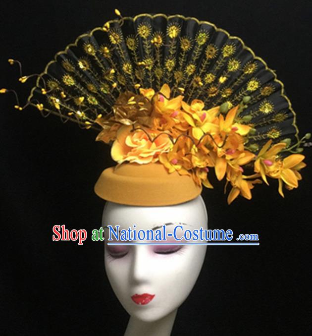 Top Halloween Hair Accessories Chinese Traditional Catwalks Yellow Flowers Top Hat Headdress for Women