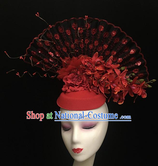 Top Halloween Hair Accessories Chinese Traditional Catwalks Red Flowers Top Hat Headdress for Women