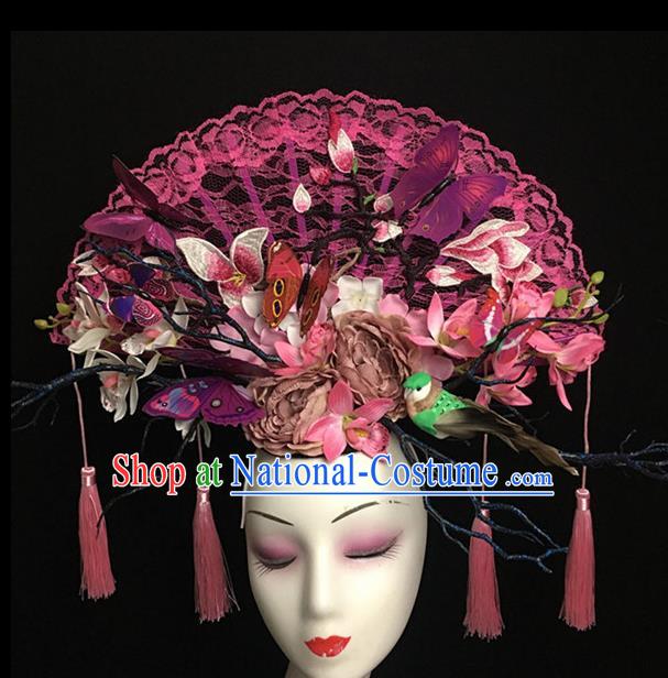 Top Halloween Hair Accessories Chinese Traditional Catwalks Pink Lace Butterfly Headdress for Women