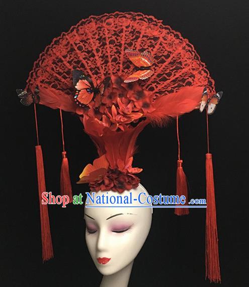 Top Halloween Hair Accessories Chinese Traditional Catwalks Red Lace Butterfly Headdress for Women