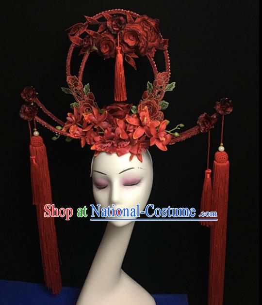 Top Halloween Hair Accessories Chinese Traditional Catwalks Red Flowers Tassel Headdress for Women