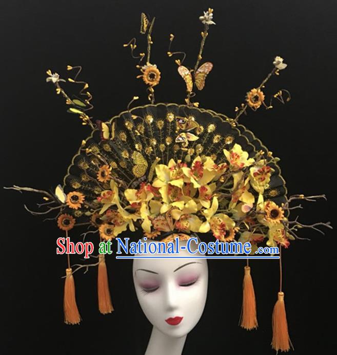 Top Halloween Hair Accessories Chinese Traditional Catwalks Yellow Flowers Fan Headdress for Women