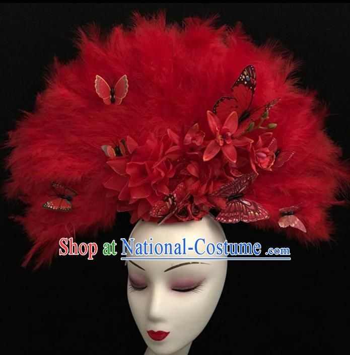 Top Halloween Hair Accessories Chinese Traditional Catwalks Red Feather Fan Headdress for Women