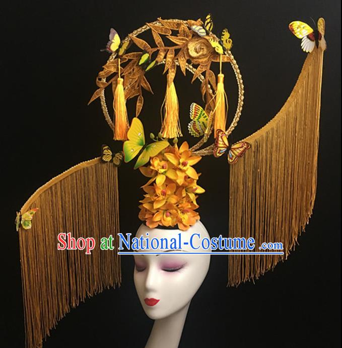 Top Halloween Yellow Tassel Hair Accessories Chinese Traditional Catwalks Giant Headpiece for Women