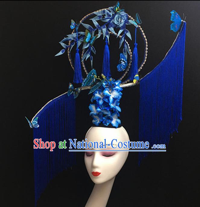 Top Halloween Royalblue Tassel Hair Accessories Chinese Traditional Catwalks Giant Headpiece for Women