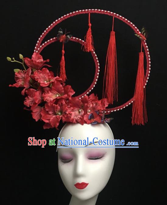 Top Halloween Red Flowers Tassel Hair Accessories Chinese Traditional Catwalks Giant Headpiece for Women