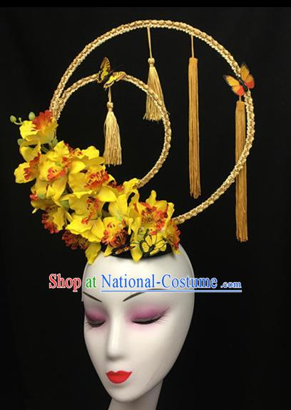 Top Halloween Yellow Flowers Tassel Hair Accessories Chinese Traditional Catwalks Giant Headpiece for Women