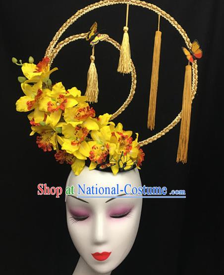 Top Halloween Yellow Flowers Tassel Hair Accessories Chinese Traditional Catwalks Giant Headpiece for Women