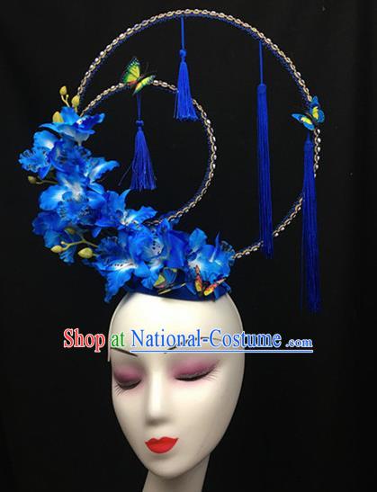 Top Halloween Blue Flowers Tassel Hair Accessories Chinese Traditional Catwalks Giant Headpiece for Women