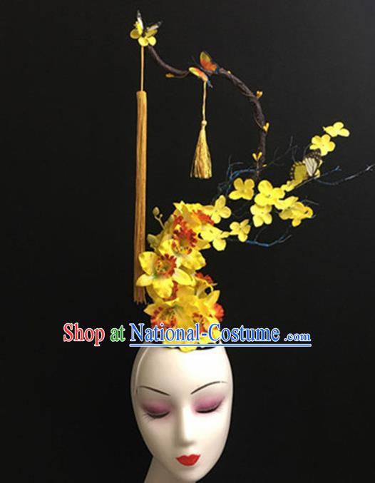 Top Halloween Yellow Tassel Branch Hair Accessories Chinese Traditional Catwalks Giant Headpiece for Women