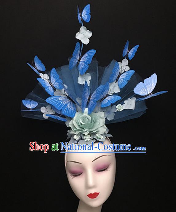 Top Halloween Catwalks Hair Accessories Stage Show Blue Butterfly Peony Headdress for Women