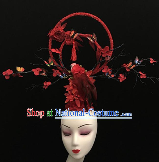 Top Halloween Giant Hair Accessories Chinese Traditional Catwalks Red Bird Headpiece for Women