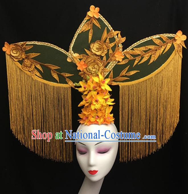 Top Halloween Giant Hair Accessories Chinese Traditional Catwalks Yellow Tassel Headpiece for Women